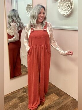Women's Rust Wide-Leg Knit Overall Jumpsuit